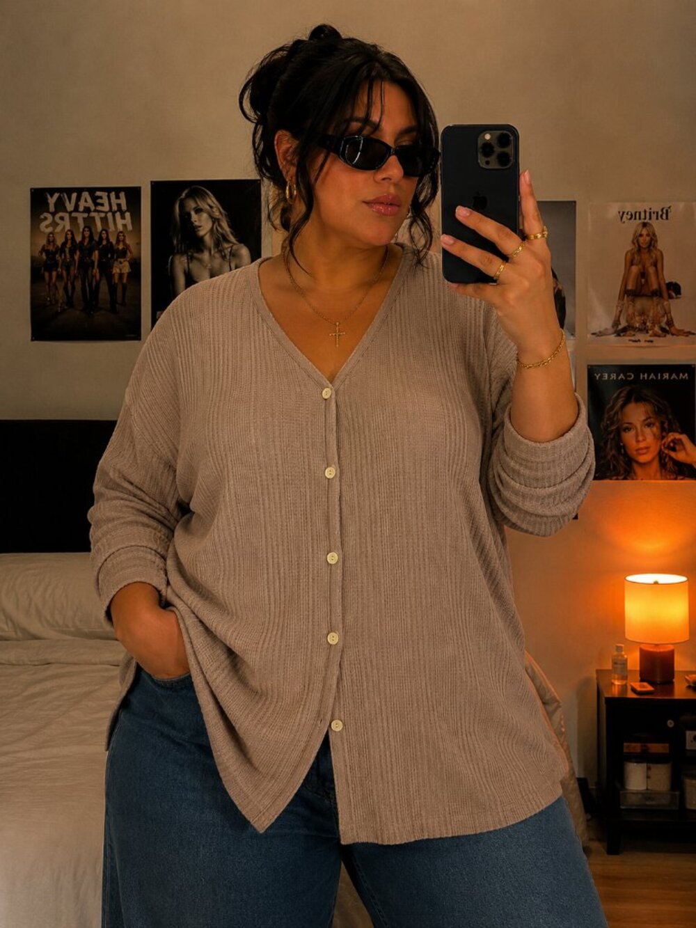 Vintage Bobbie Brooks Sport Plus Taupe Waffle Knit Button Cardigan Plus Size 3X